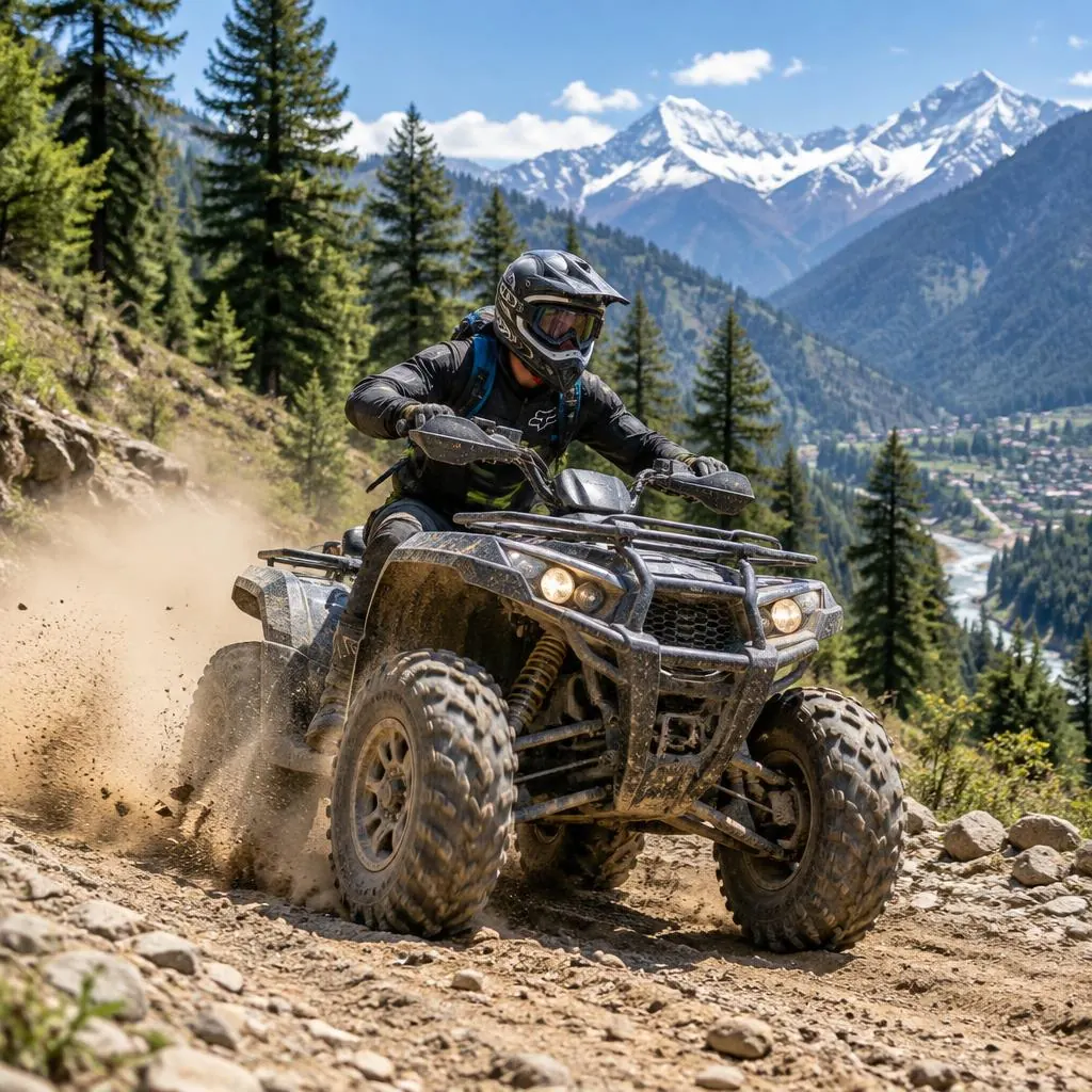 Rider on an ATV quad bike kicking up dust on a rugged Himalayan dirt trail
