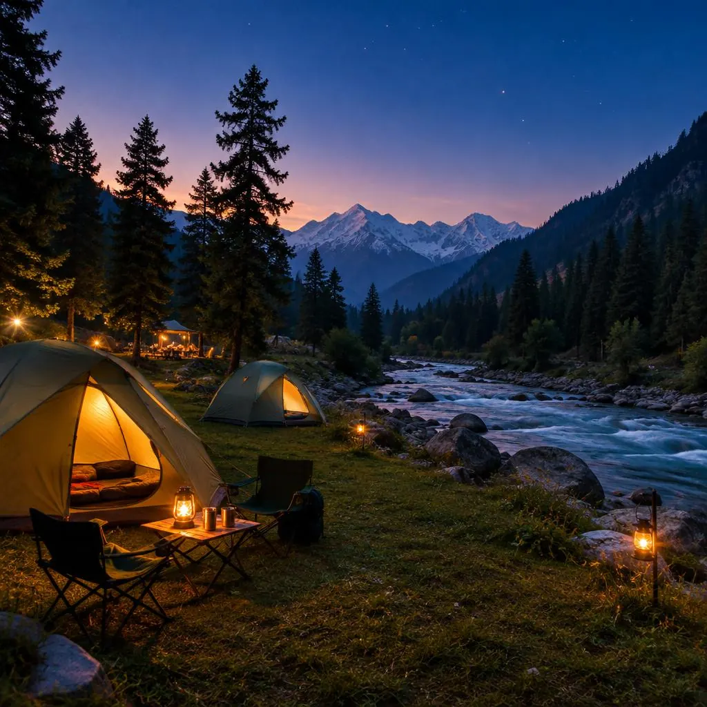 Glowing dome tents at a riverside campsite in the Himalayan foothills under an evening sky
