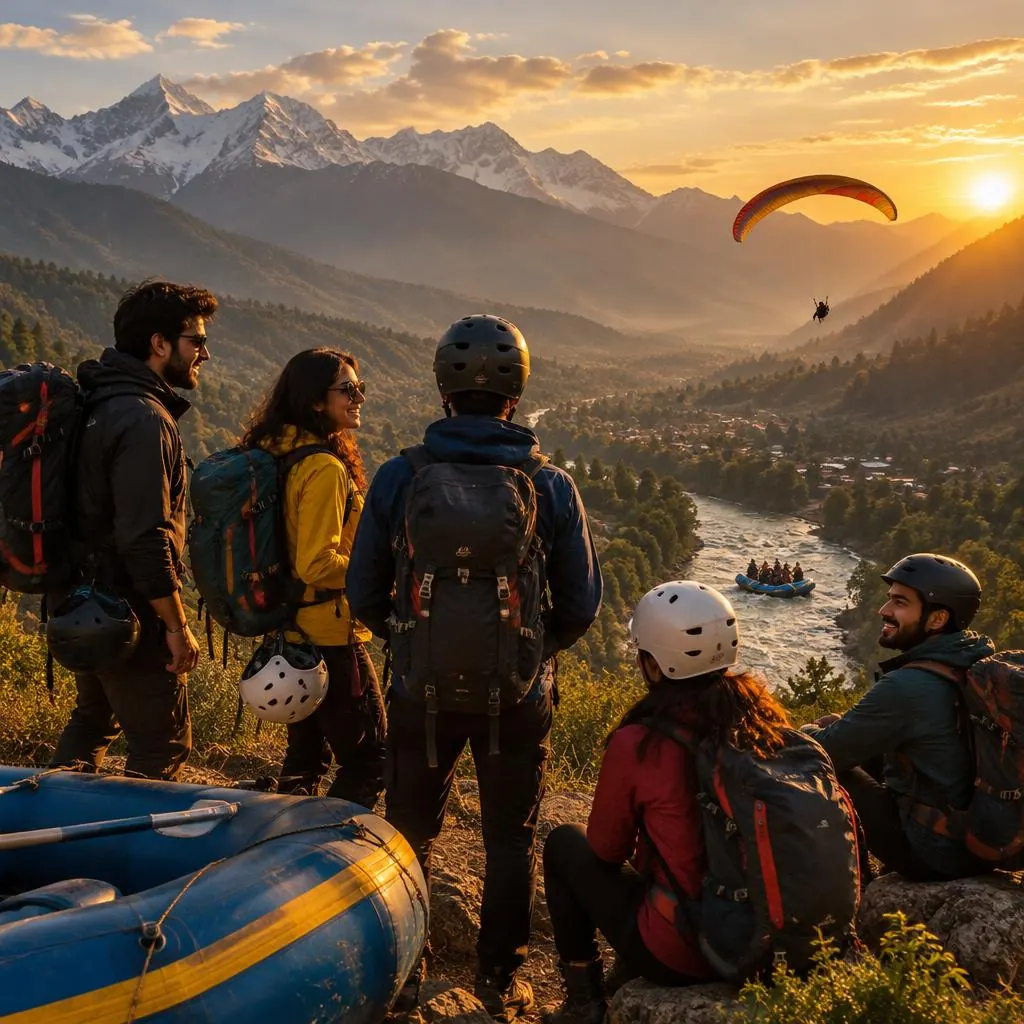 Group of friends in adventure gear on a mountain viewpoint at sunset with a raft and paraglider in the valley below