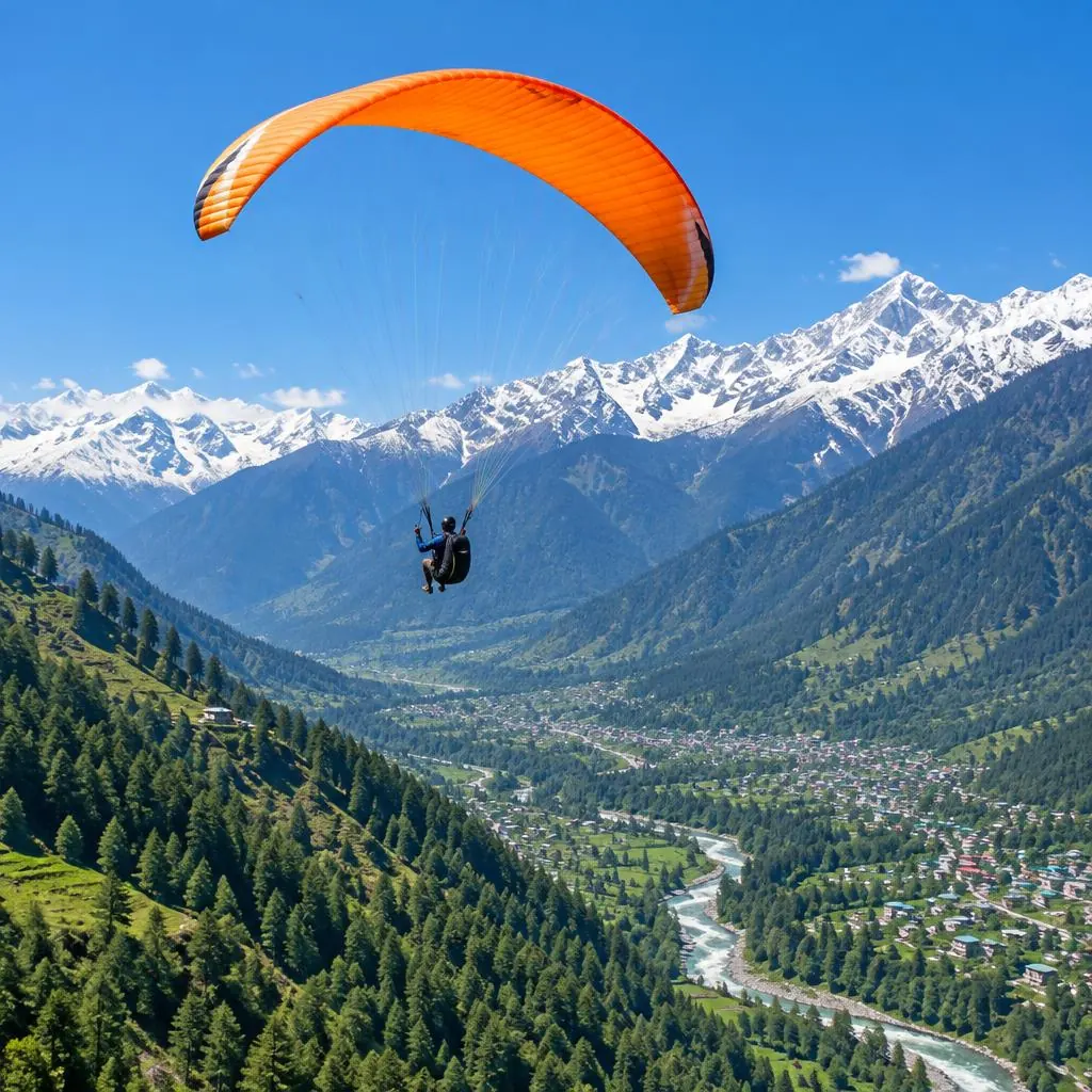 Tandem paraglider with a bright orange wing soaring above a green Himalayan valley and snow peaks
