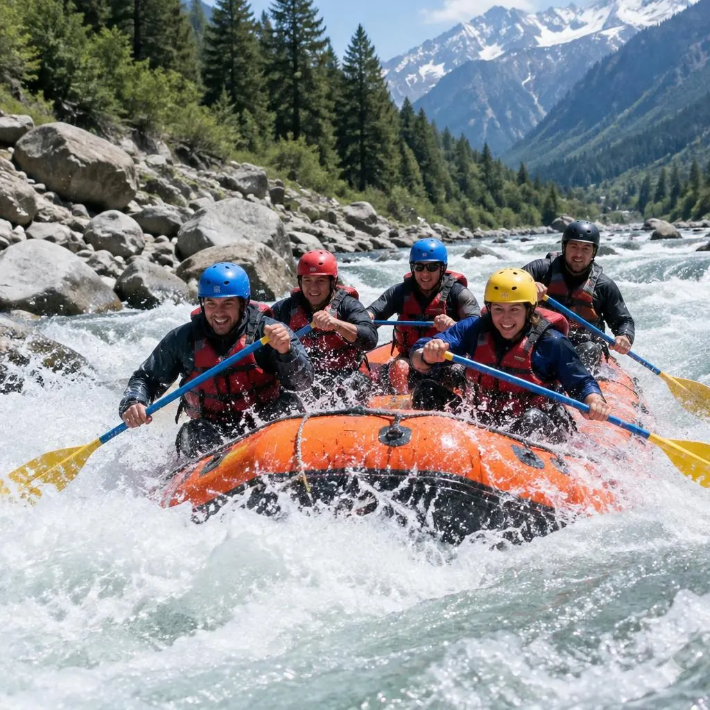 Group of rafters paddling an orange inflatable raft through a foaming Himalayan white-water rapid