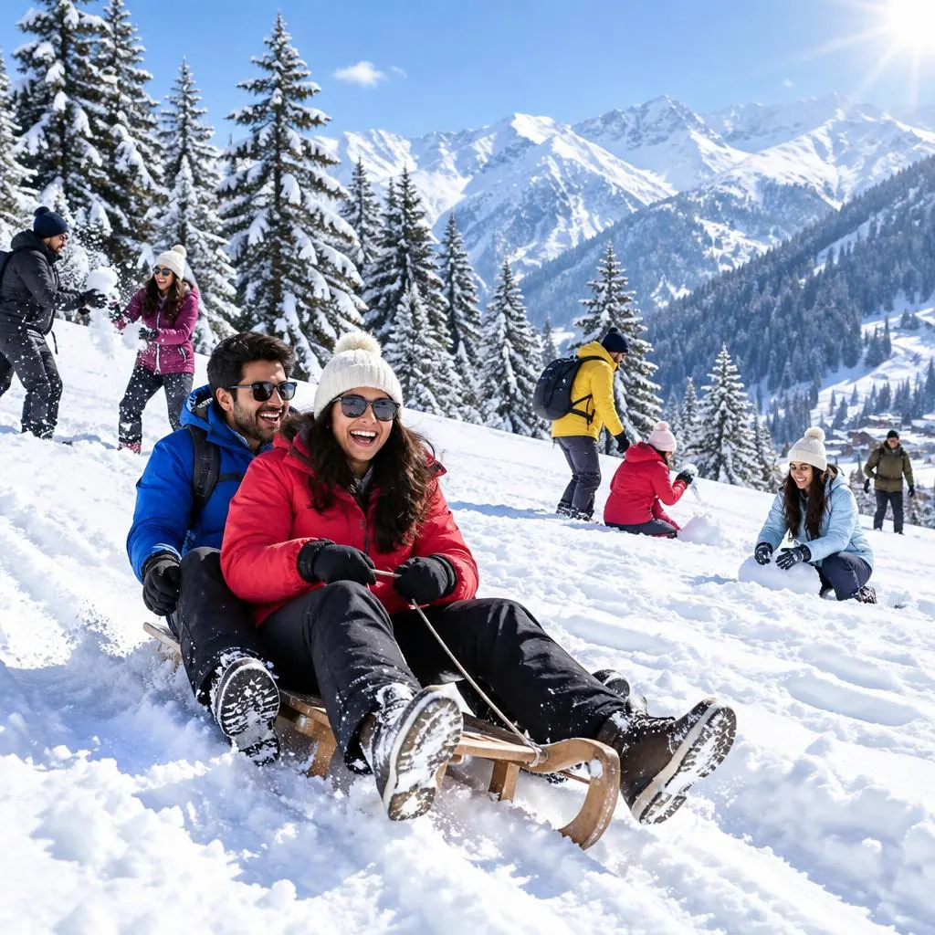 Visitors sledging and playing in deep snow on a sunny Himalayan slope near Manali