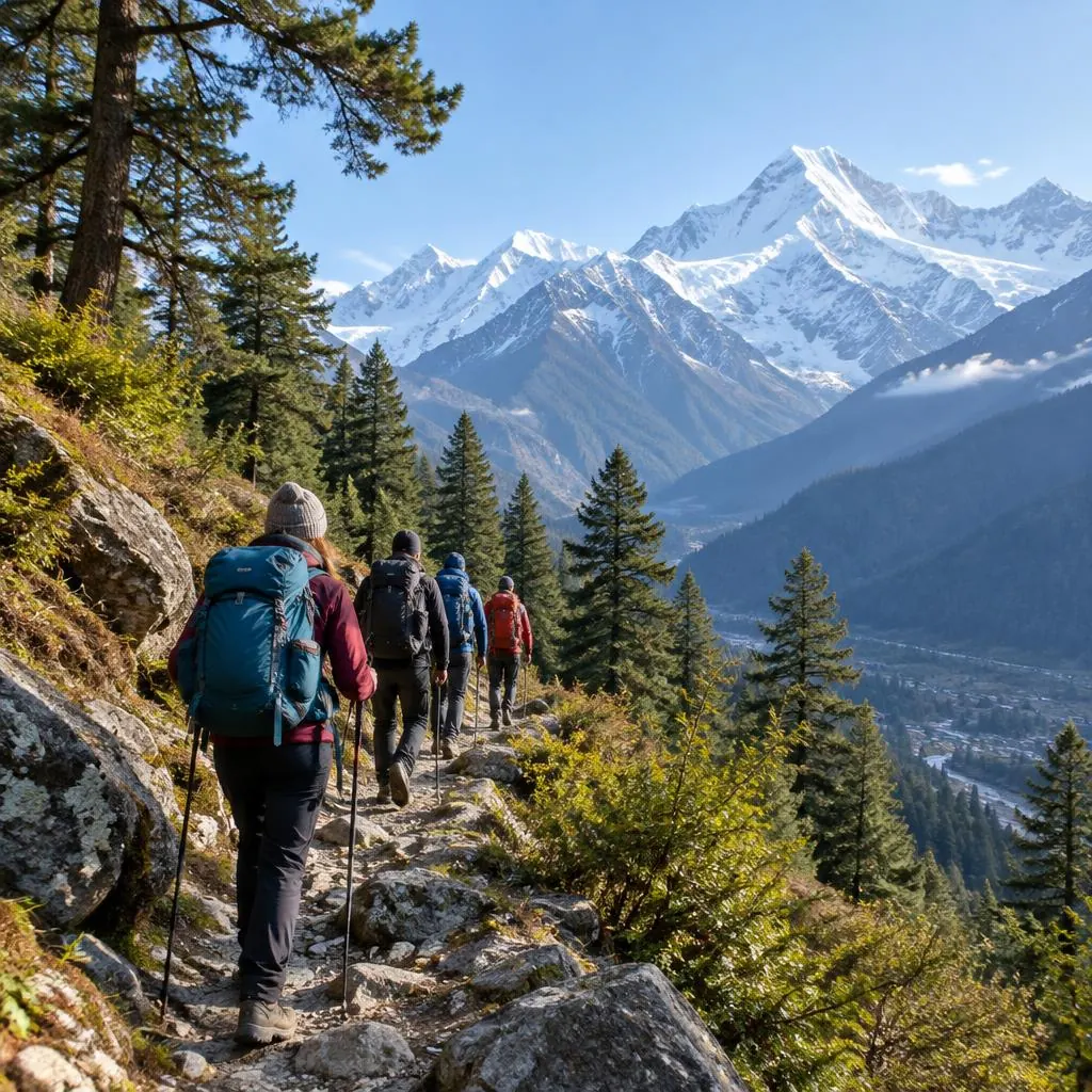 Small group of trekkers with backpacks walking a mountain trail toward snow-capped Himalayan peaks