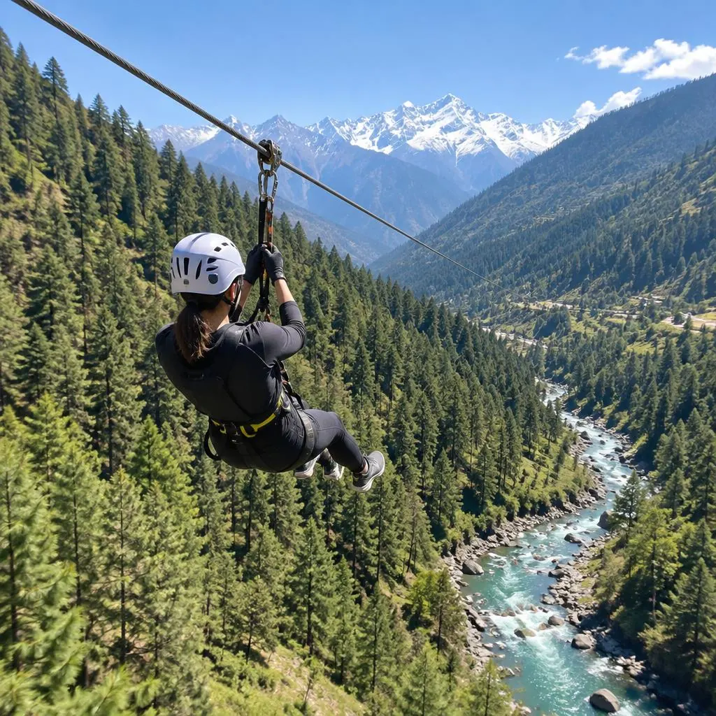 Rider in a helmet and harness on a zipline crossing a forested Himalayan river valley